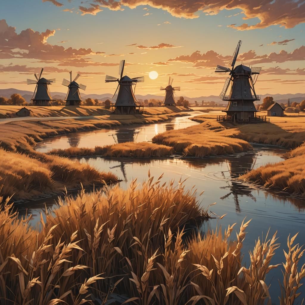 Windmills at Sunset in Hyperrealistic Concept Art