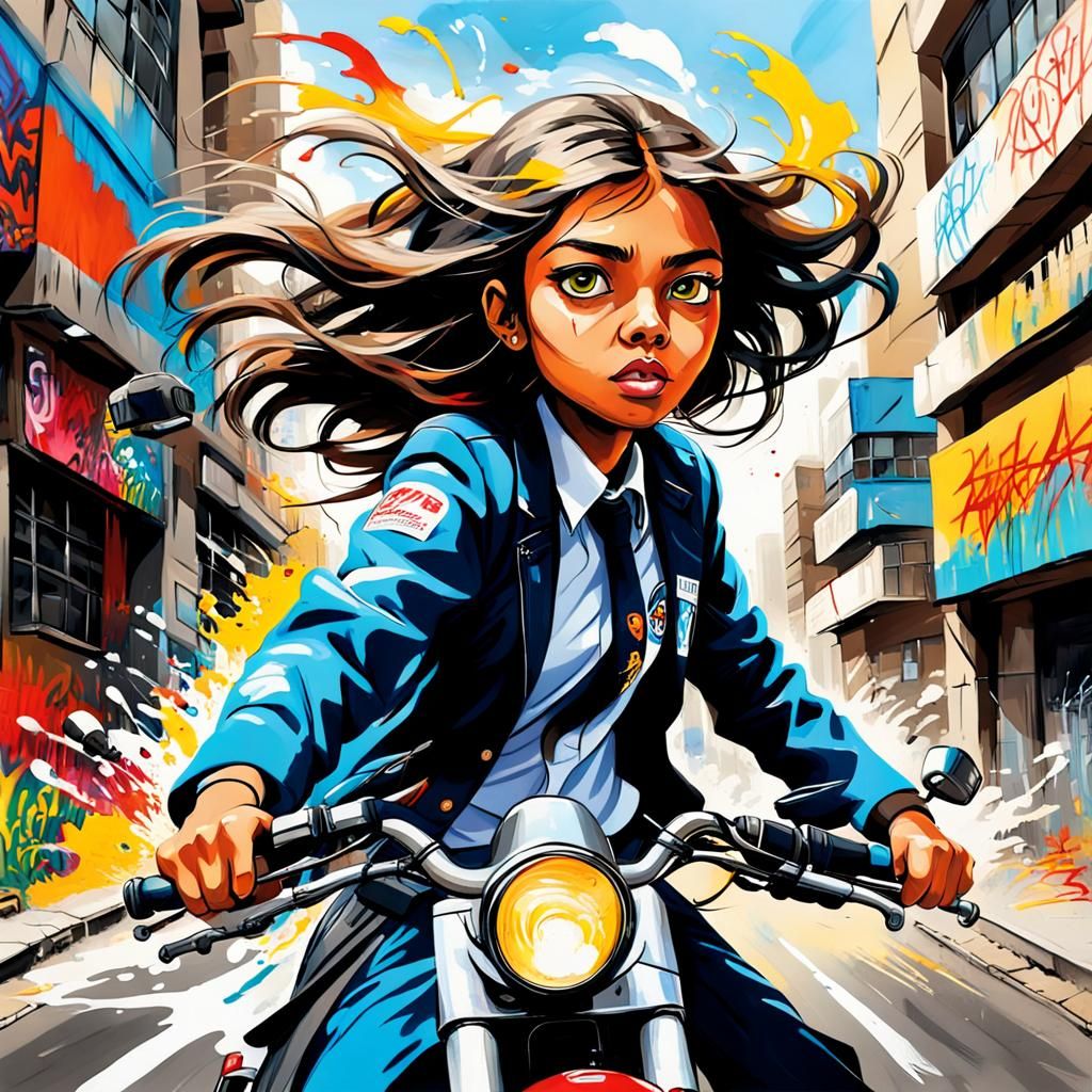Motorcycle Schoolgirl: Graffiti Art Style Cityscape