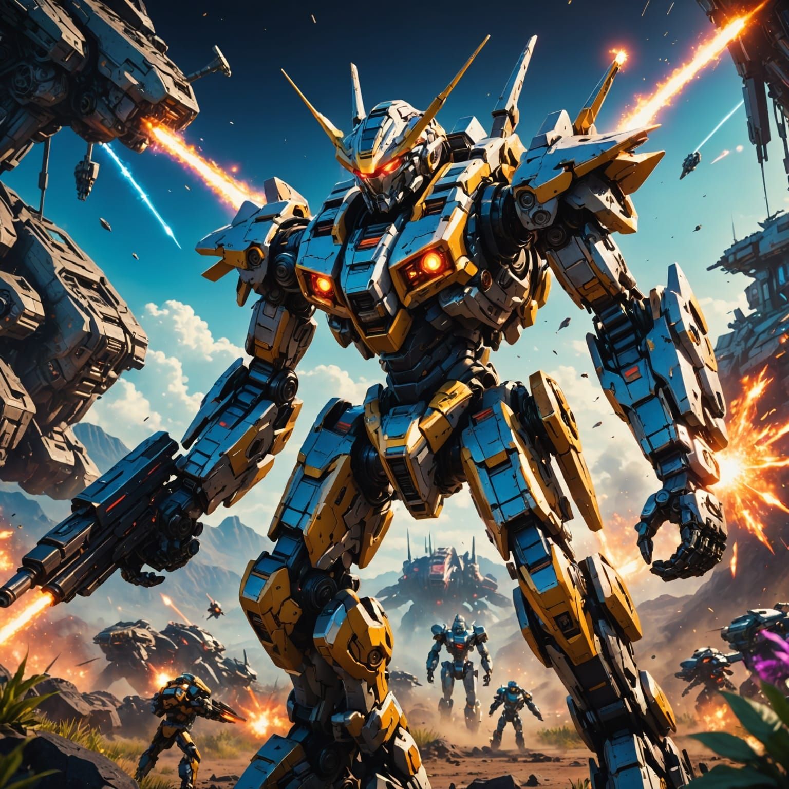 Intense Mecha Battle on Alien Planet in Anime Style