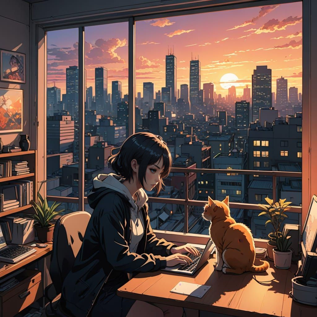 Anime Girl Studies from Home in a City Scene
