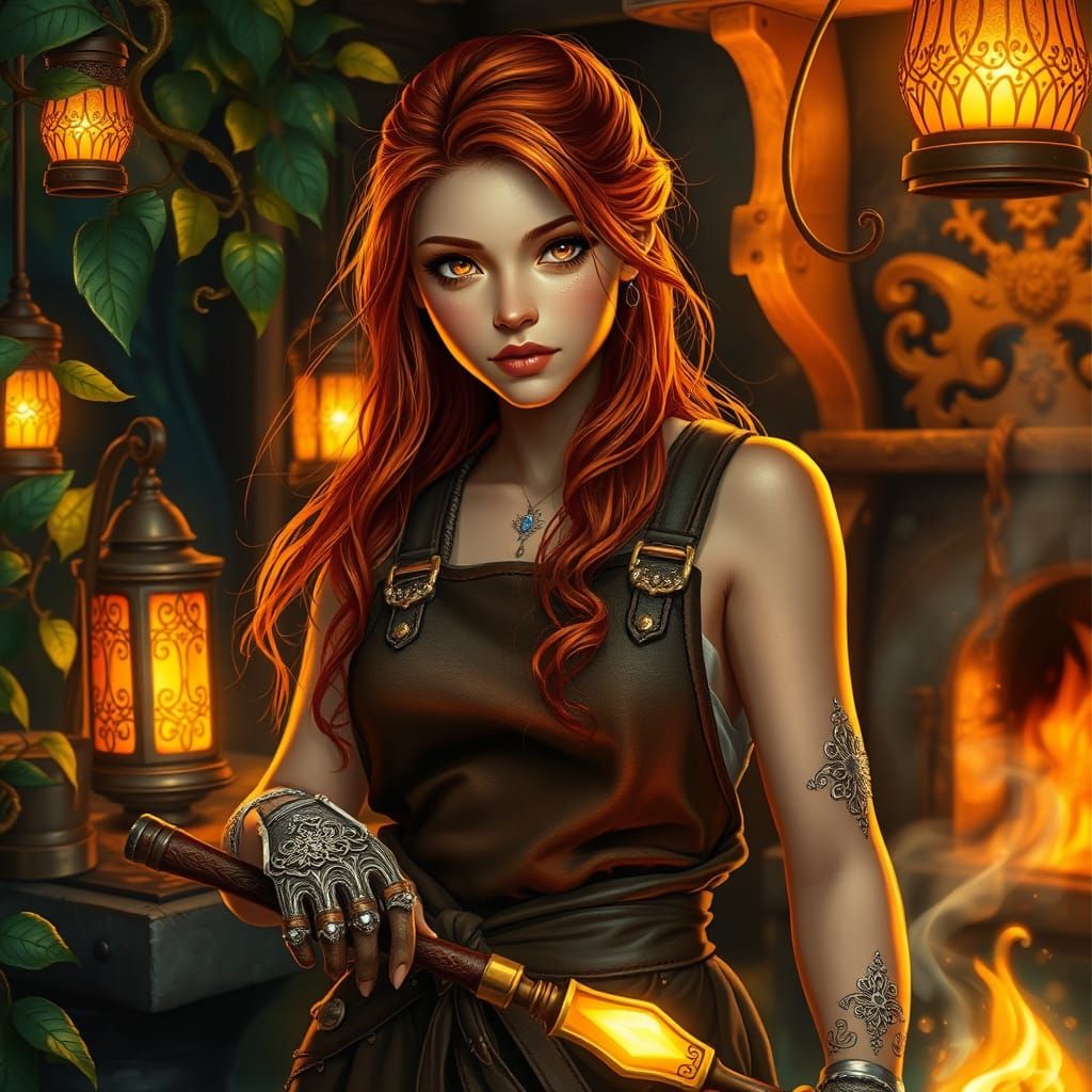 Enchanting Fae Blacksmith in Vibrant, Mystical Forge