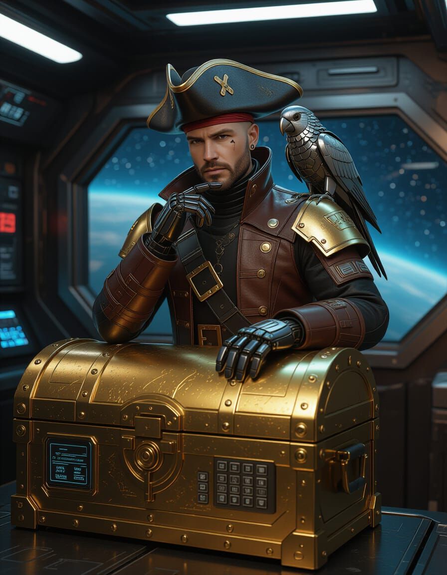 Cyberpunk Space Pirate Inspects Futuristic Treasure Chest