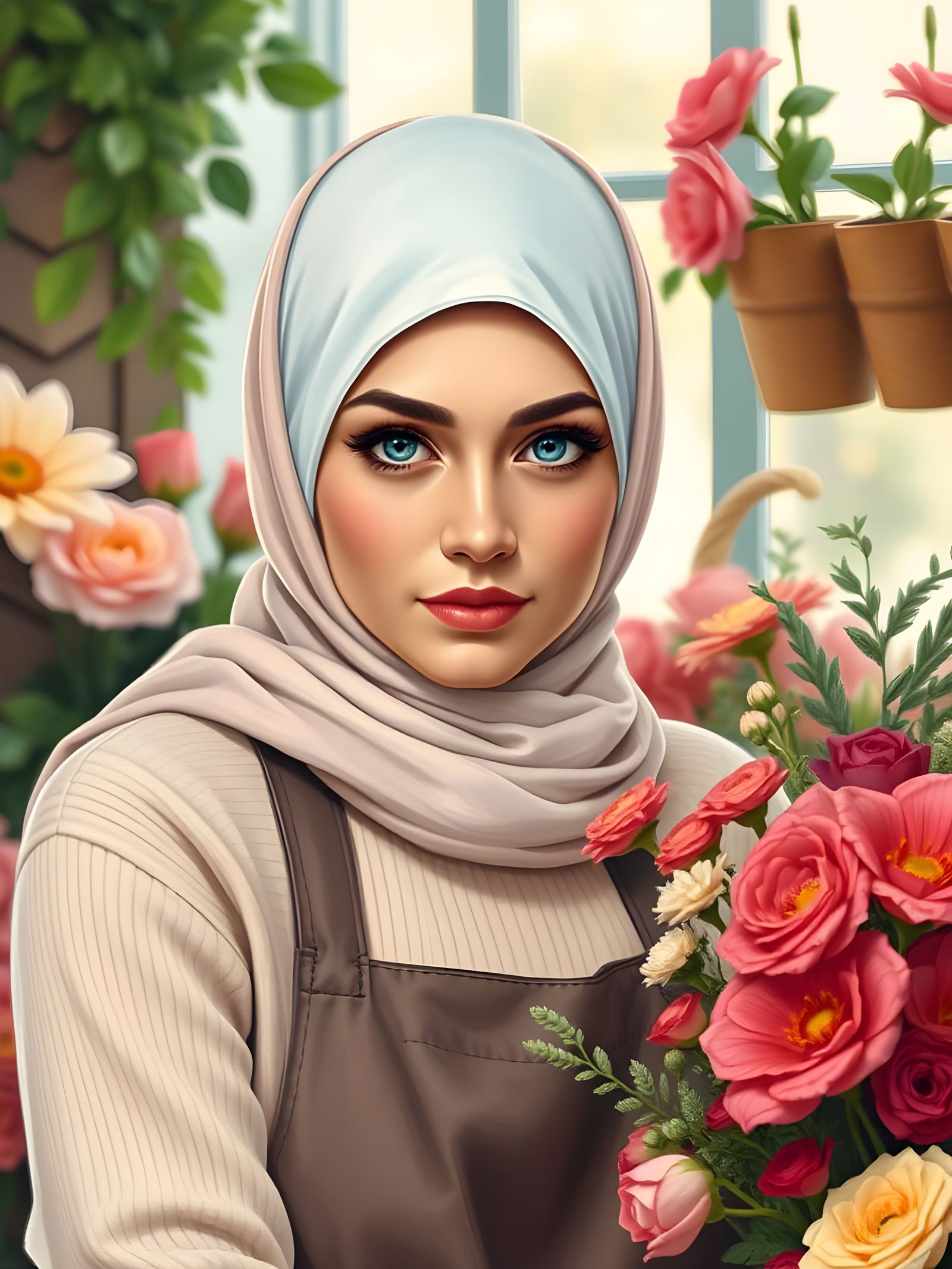 Swedish Hijabi Florist at Work, Painted Portrait