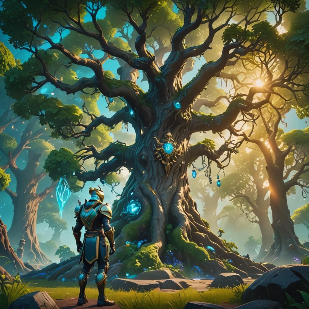 Fortnite Guardian and Mystical Tree in Fantasy Realm