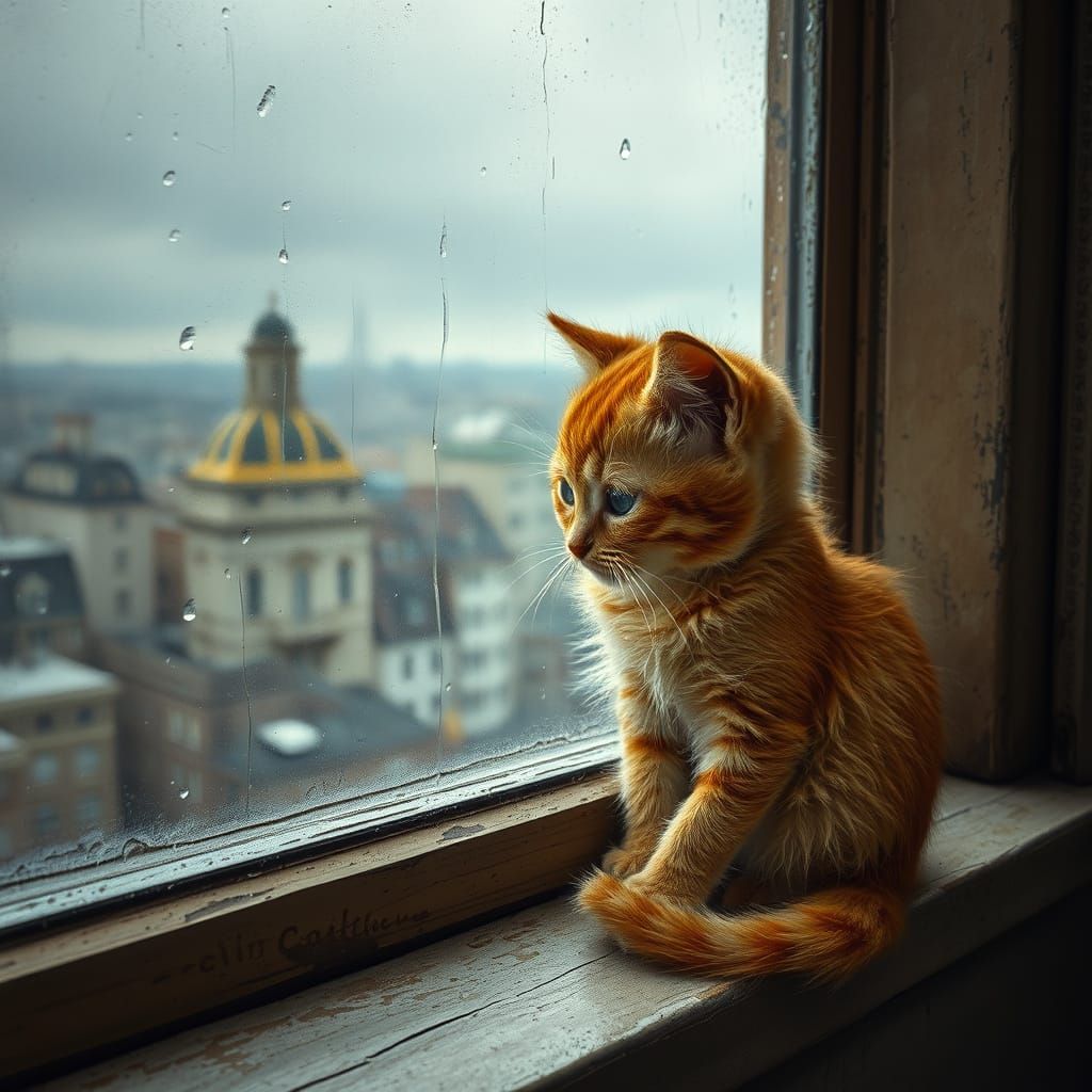 Ginger Kitten Gazing at Rainy Cityscape, Photorealistic