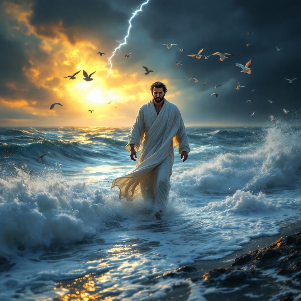 Man Walks on Stormy Ocean Surface at Sunrise