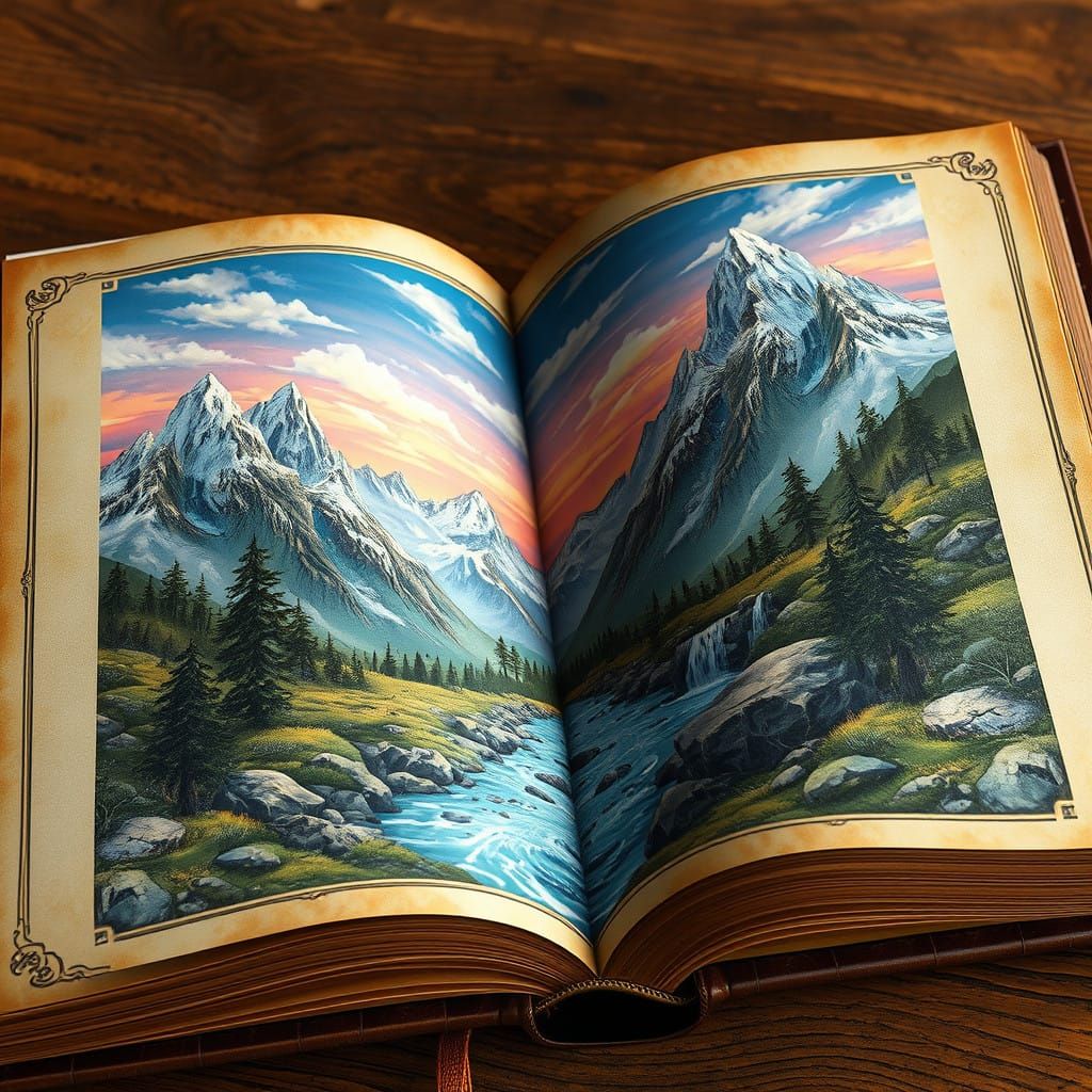 Majestic Mountains Emerge from Leather-Bound Storybook