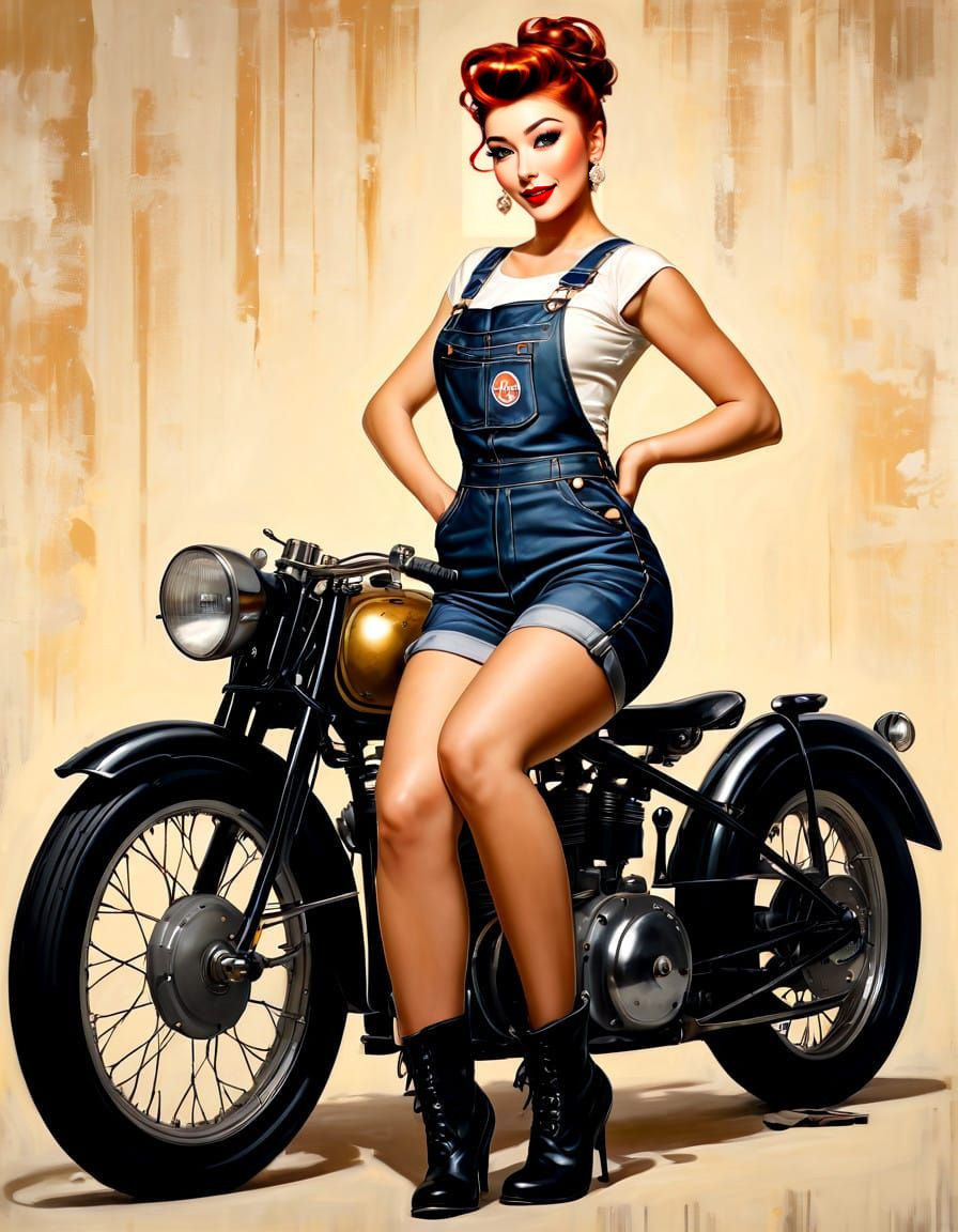 Sultry Pinup Girl in Vintage Garage, Oils on Canvas