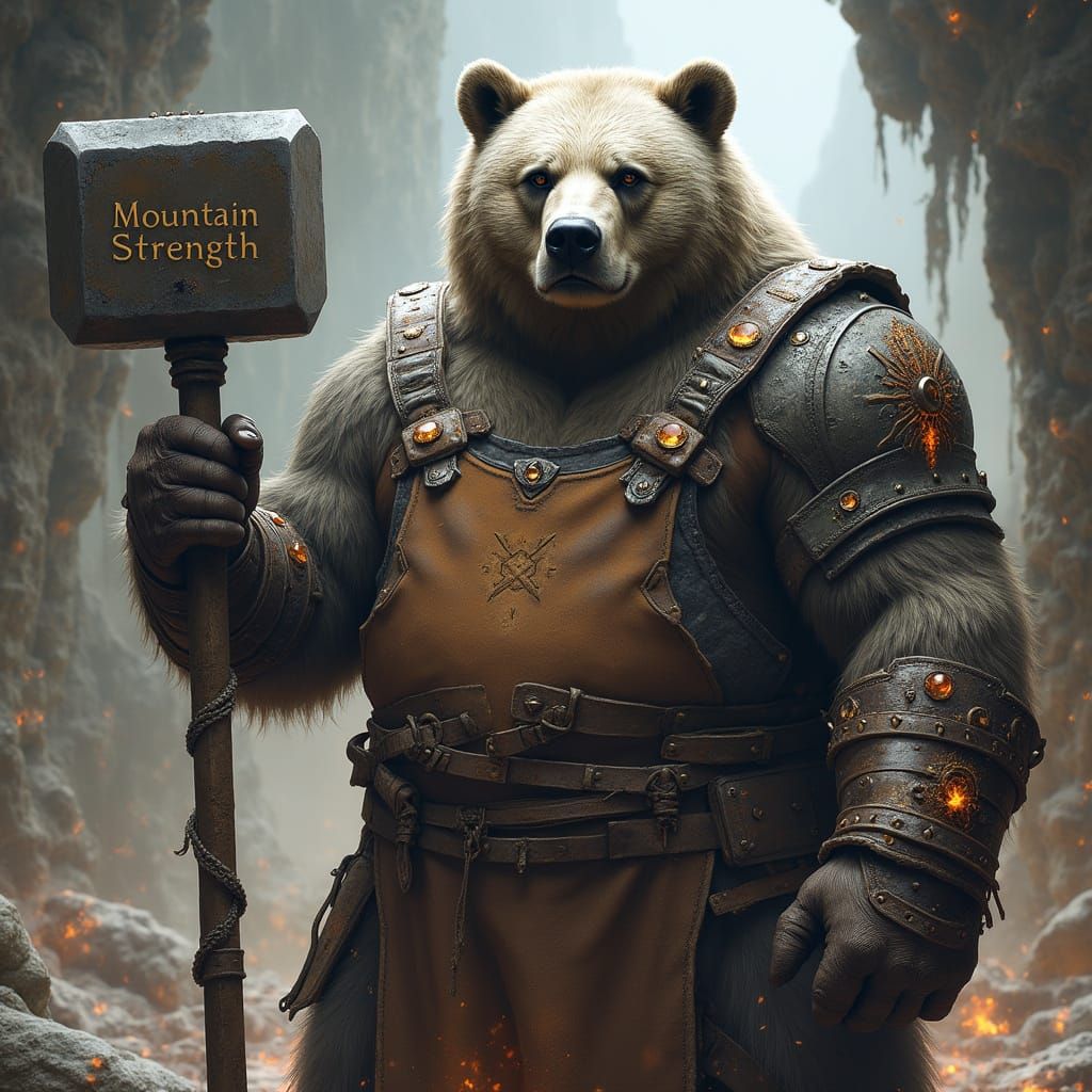 Majestic Bear Blacksmith Wields Enchanted War Hammer