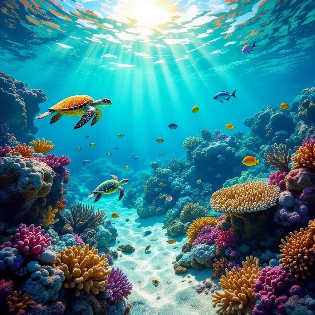 Vibrant Coral Reef From Above: Hyperrealistic Marine Life