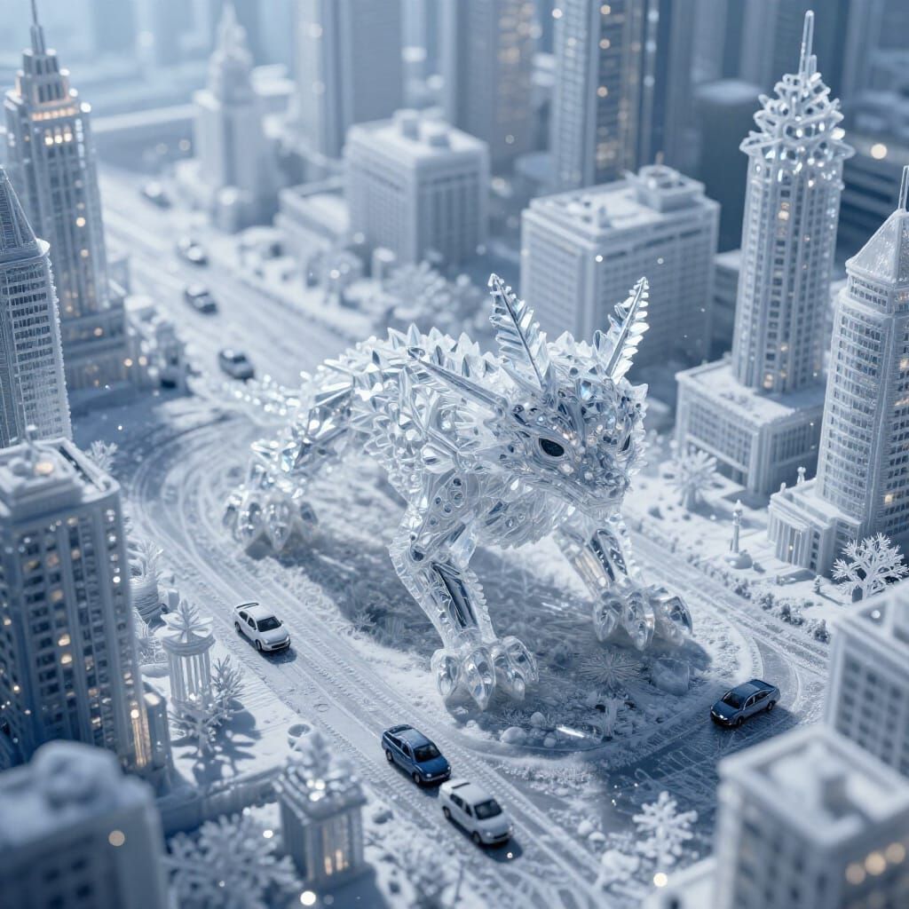 Crystalline Creature on Snowflake Cityscape