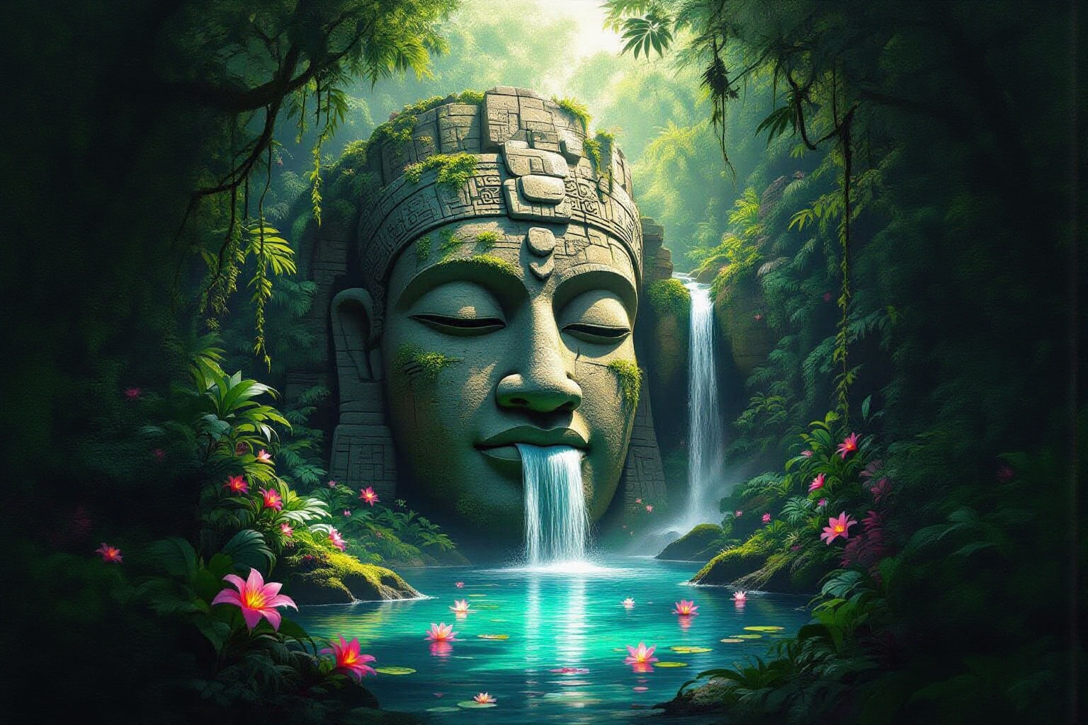 Ancient Jungle Stone Head Sanctuary with Waterfalls