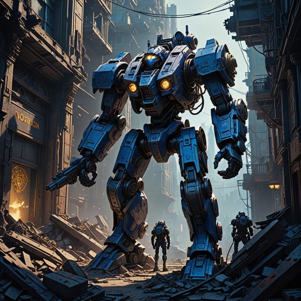 Cyberpunk A.I. Mech Dominates Ruined Cityscape
