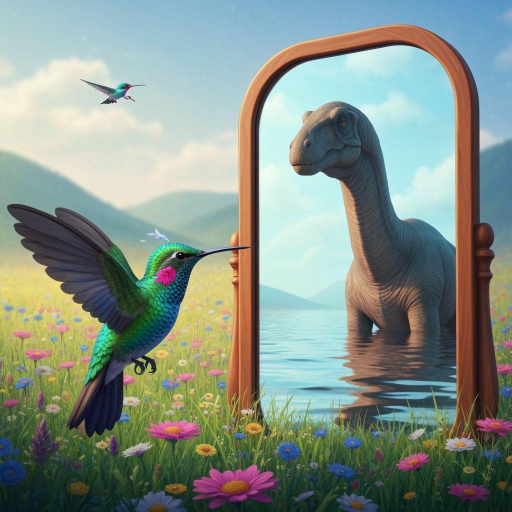 Hummingbird Meets Sauropod in Antique Mirror