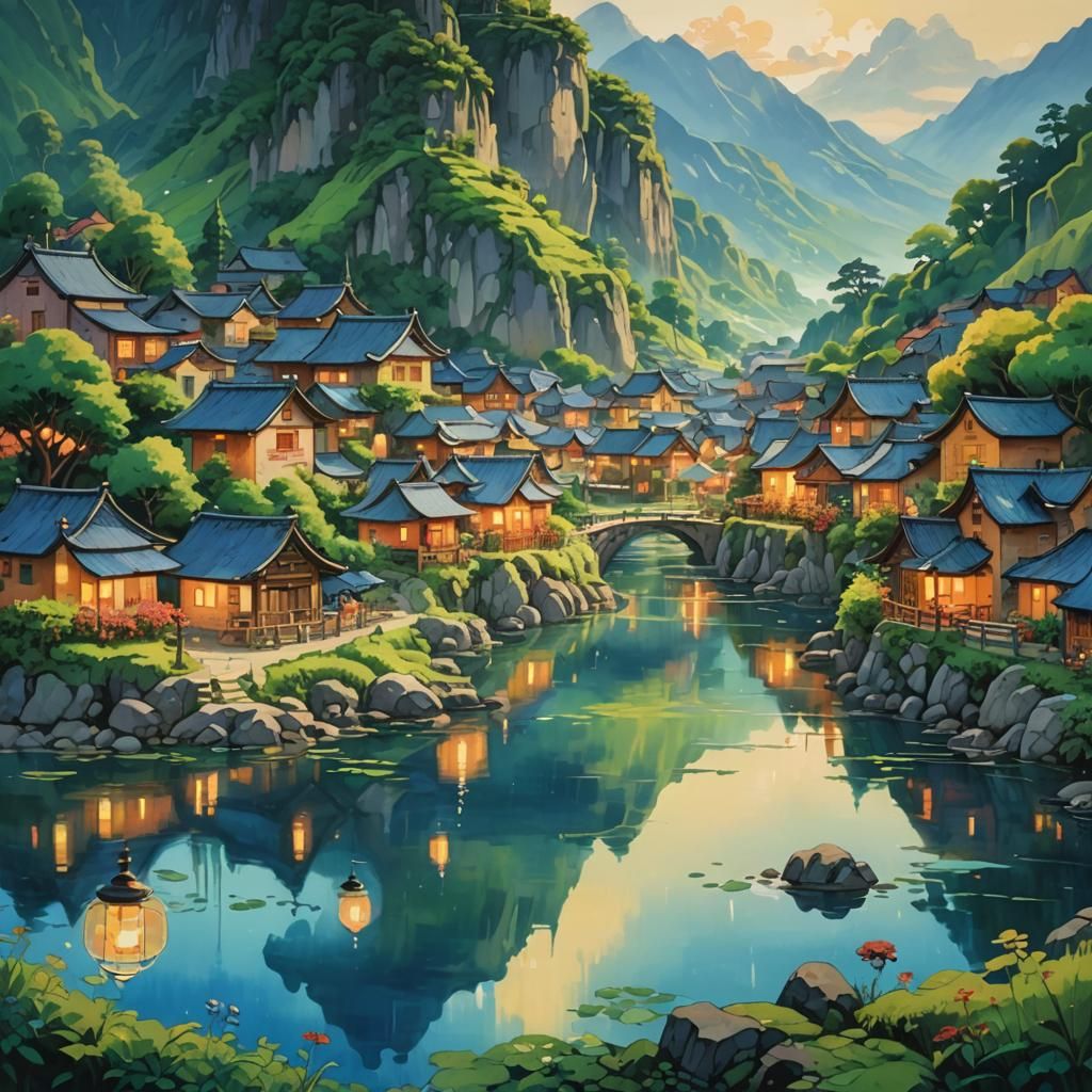 Serene Village Mirrored in Surreal Landscape