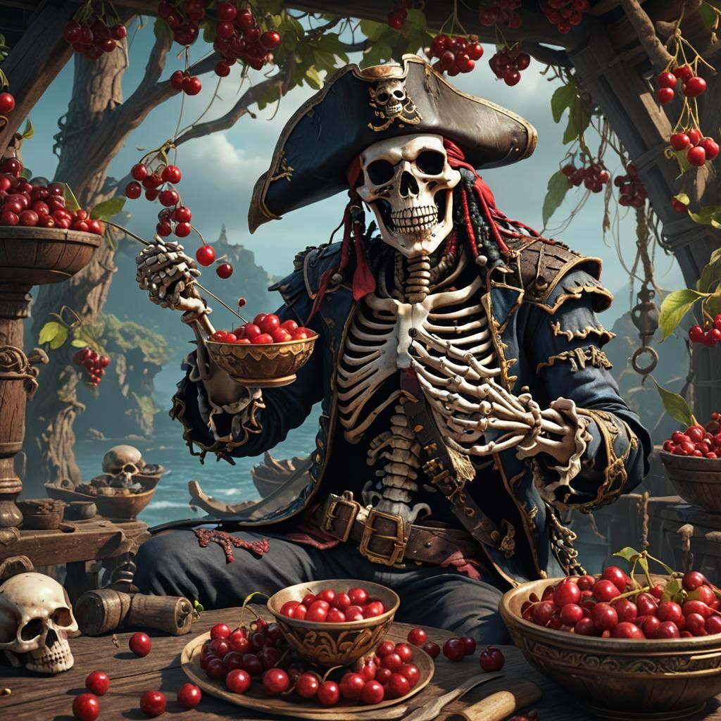 Pirate Skeleton Enjoys Cherries: Detailed Matte Painting