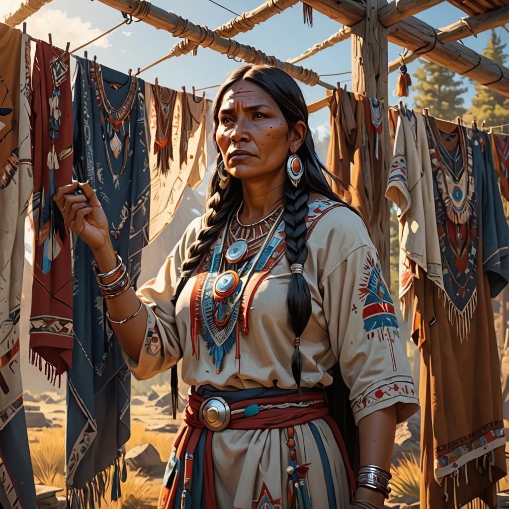 Native American Woman in Sunny Camp, Detailed Portrait
