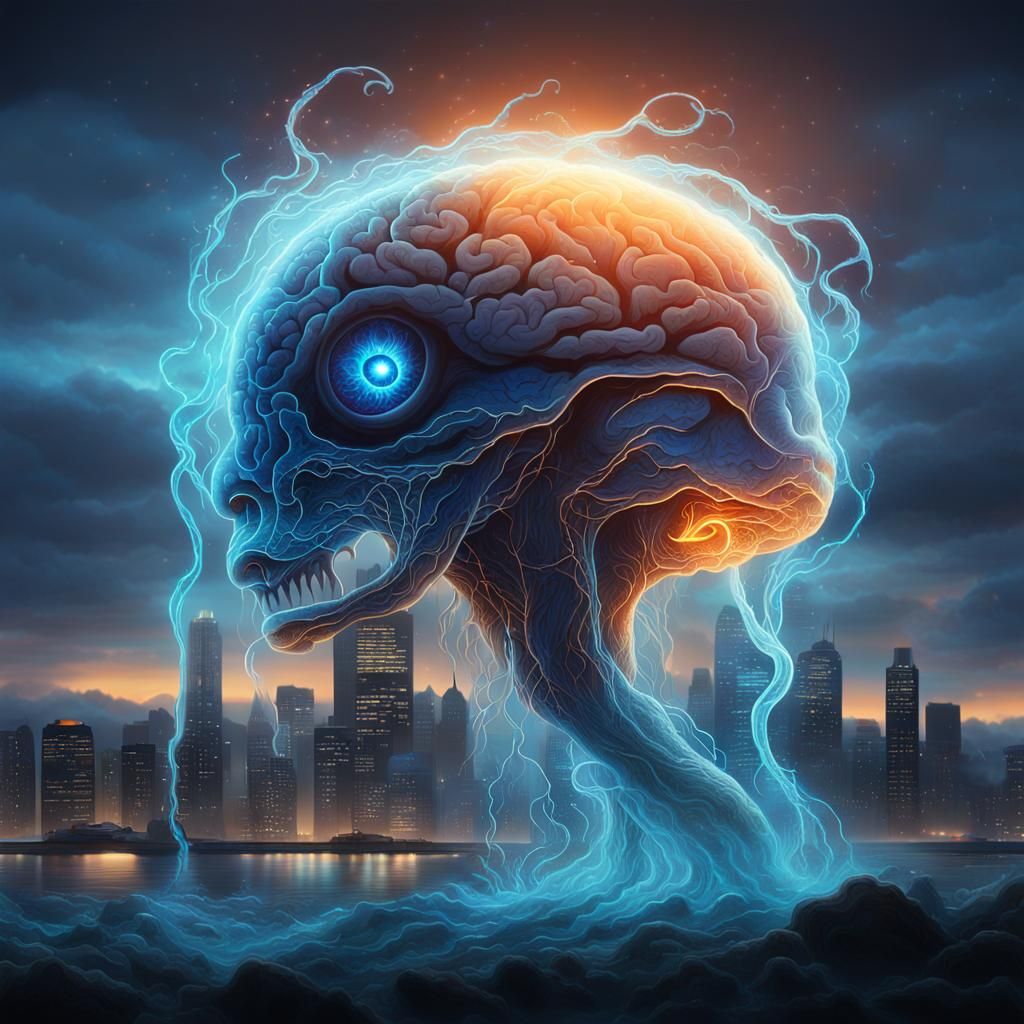 Eerie Glass Brain in a Neon Cityscape