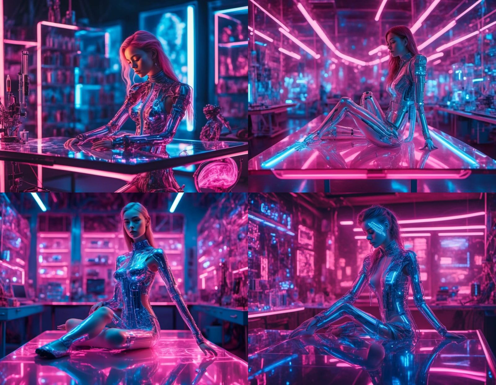 Holographic Woman with Transparent Skin in Cyberpunk Lab