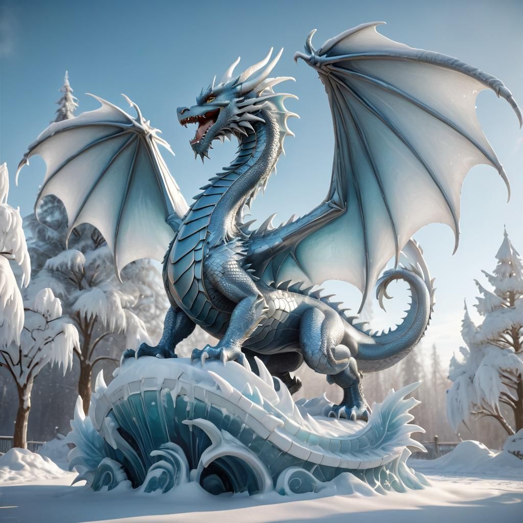 Ice Dragon Sculpture in Winter Wonderland