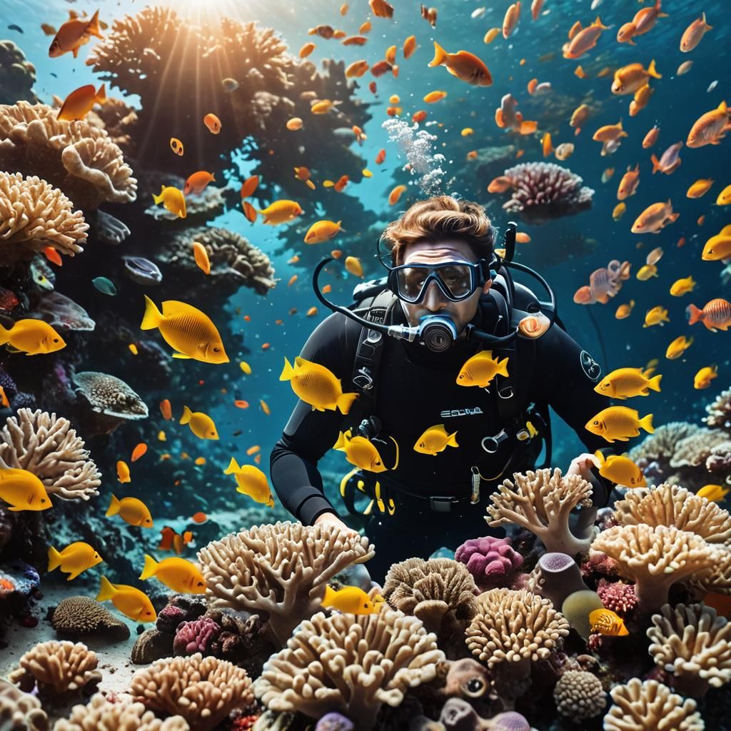 Scuba Diver Among Tropical Fish in Coral Reef