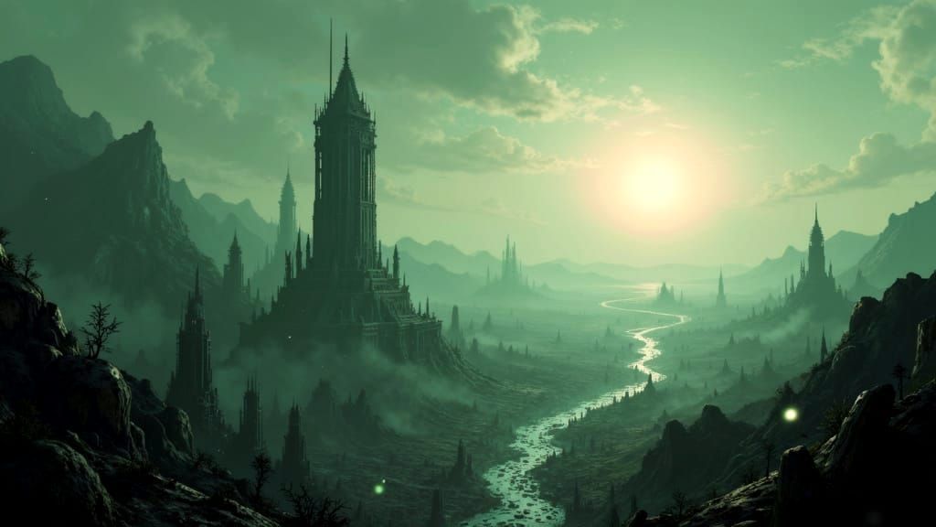 Eldritch Cityscape Under Cosmic Light