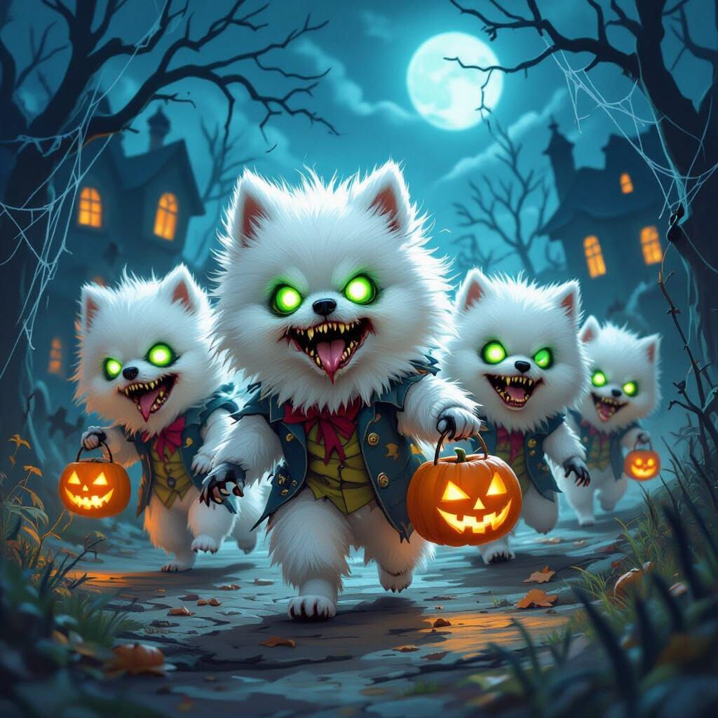 Zombie Pomeranians Trick-or-Treating on Halloween Night