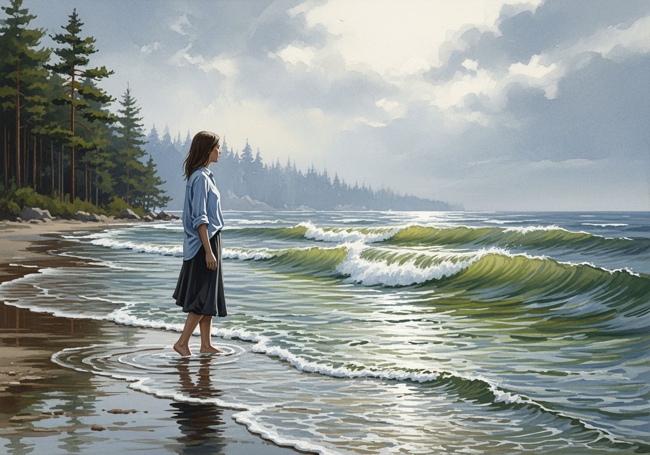 Woman Wading in Sea, Impressionistic Watercolor