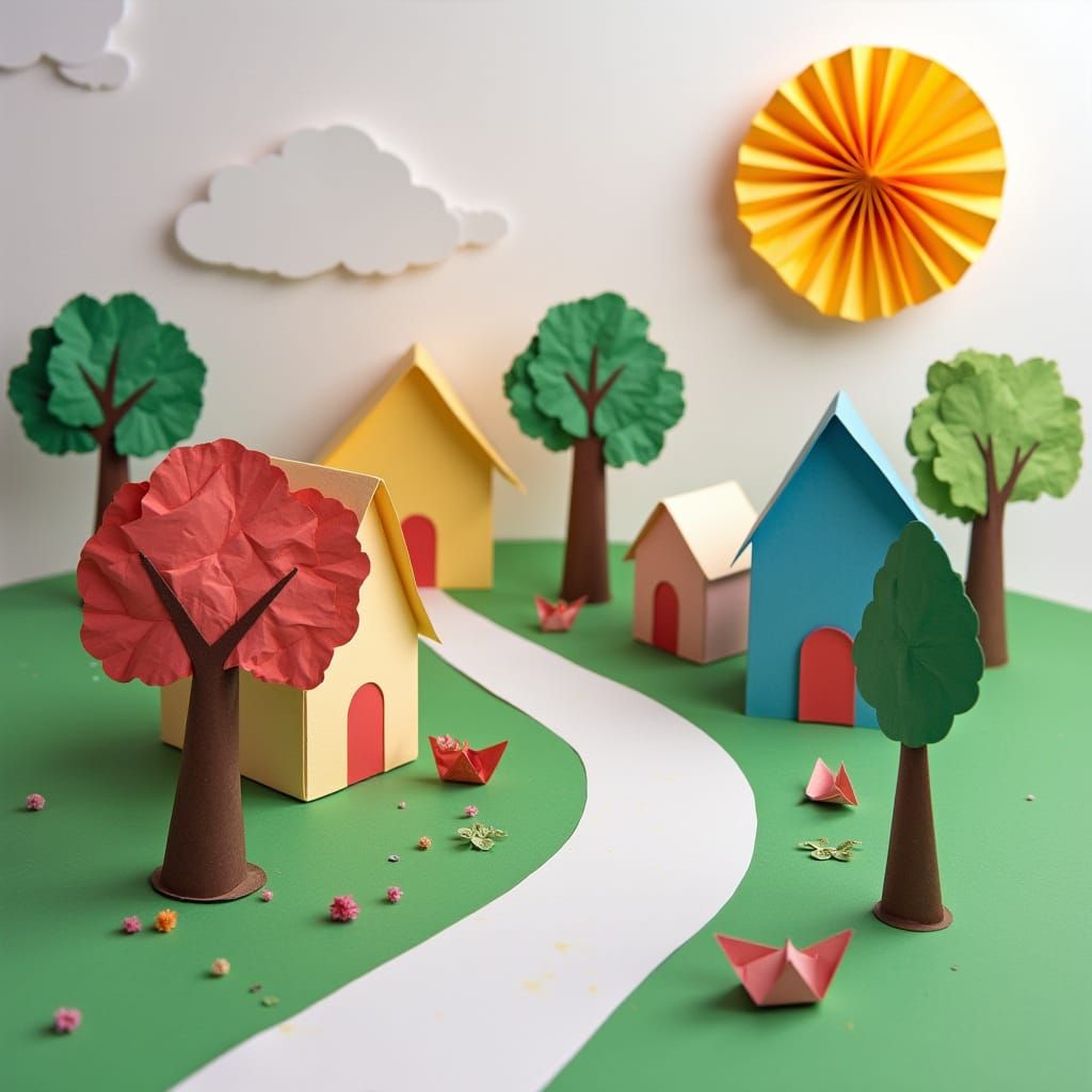 Charming Paper Village Scene with Origami and Cut-Outs