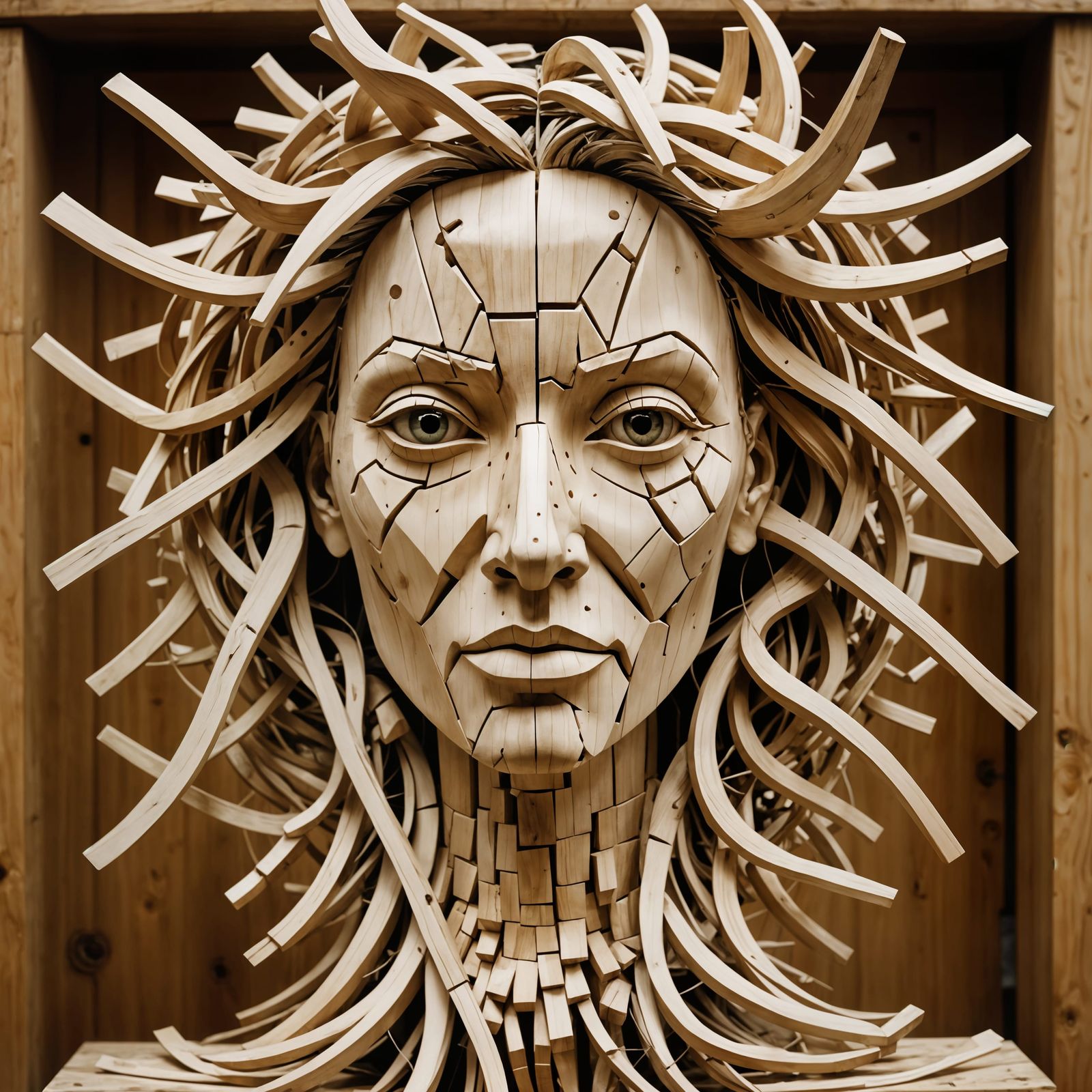 Kinetic Wood Sculpture: Abstract Monstrous Female Face