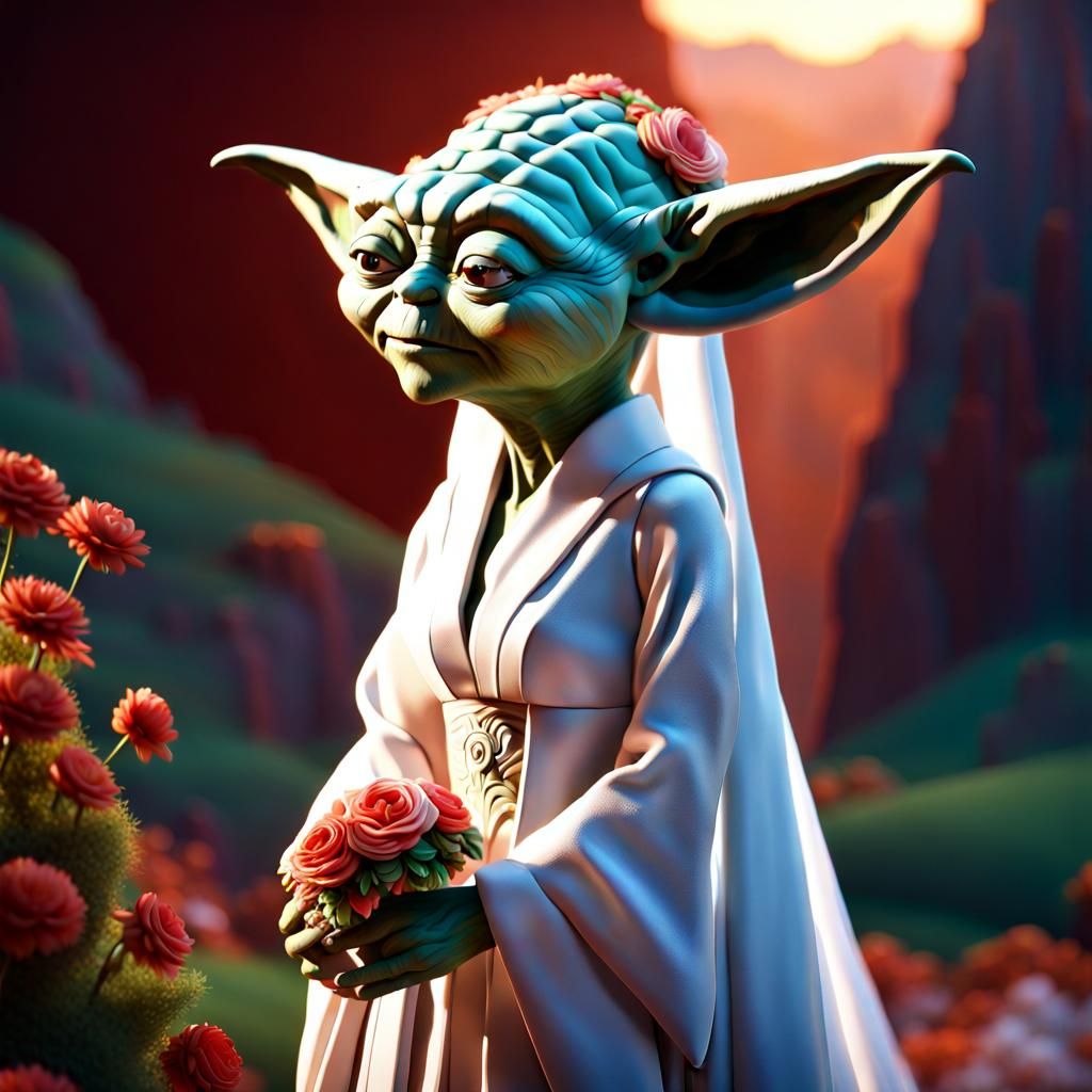 Female Yoda in Bridal Gown: Cinematic Digital Art