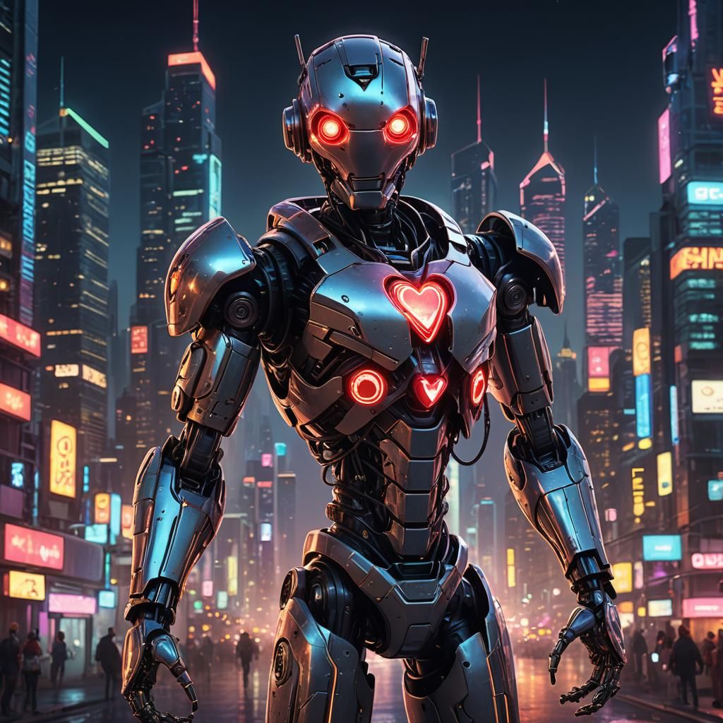 Robot Holding Glowing Heart in Cyberpunk Cityscape