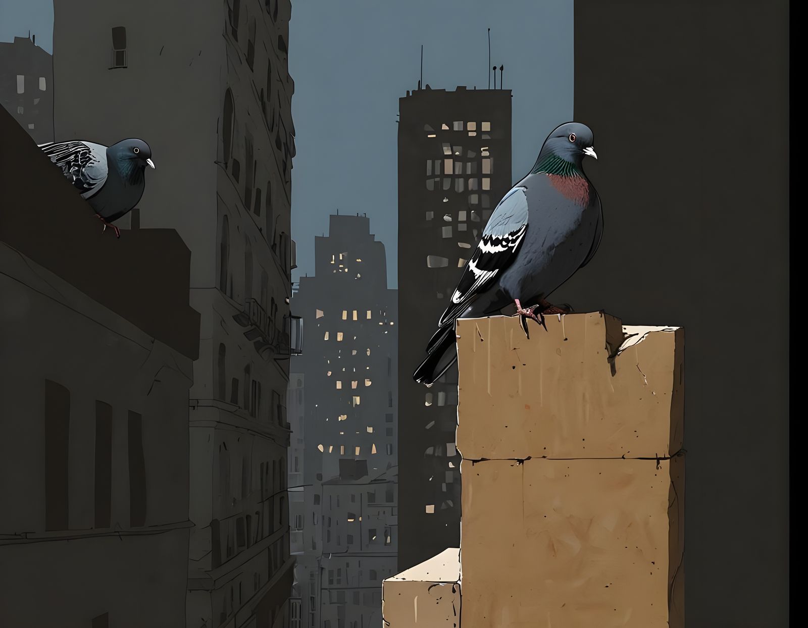 Pigeon on Ledge in Mid-Century Modern Style