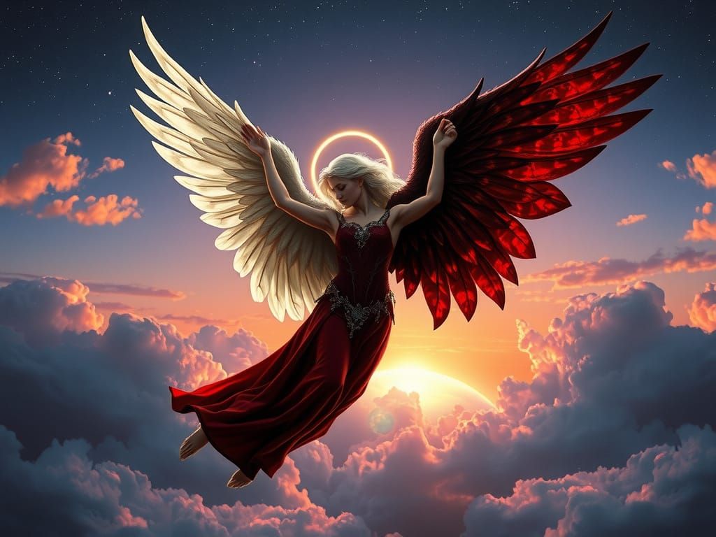 dos alas una de angel y otra de demonio...una hermosa hibrid...