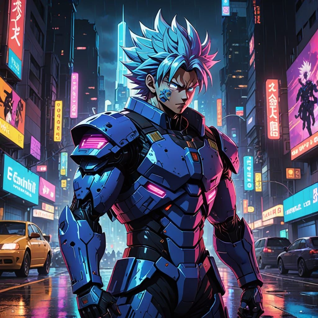 Cyberpunk Super Saiyan Warrior in Neon Cityscape