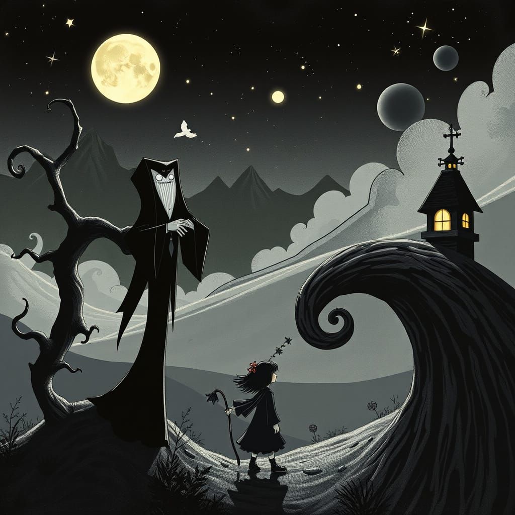 Dark Fantasy Landscape in Burtonesque Style