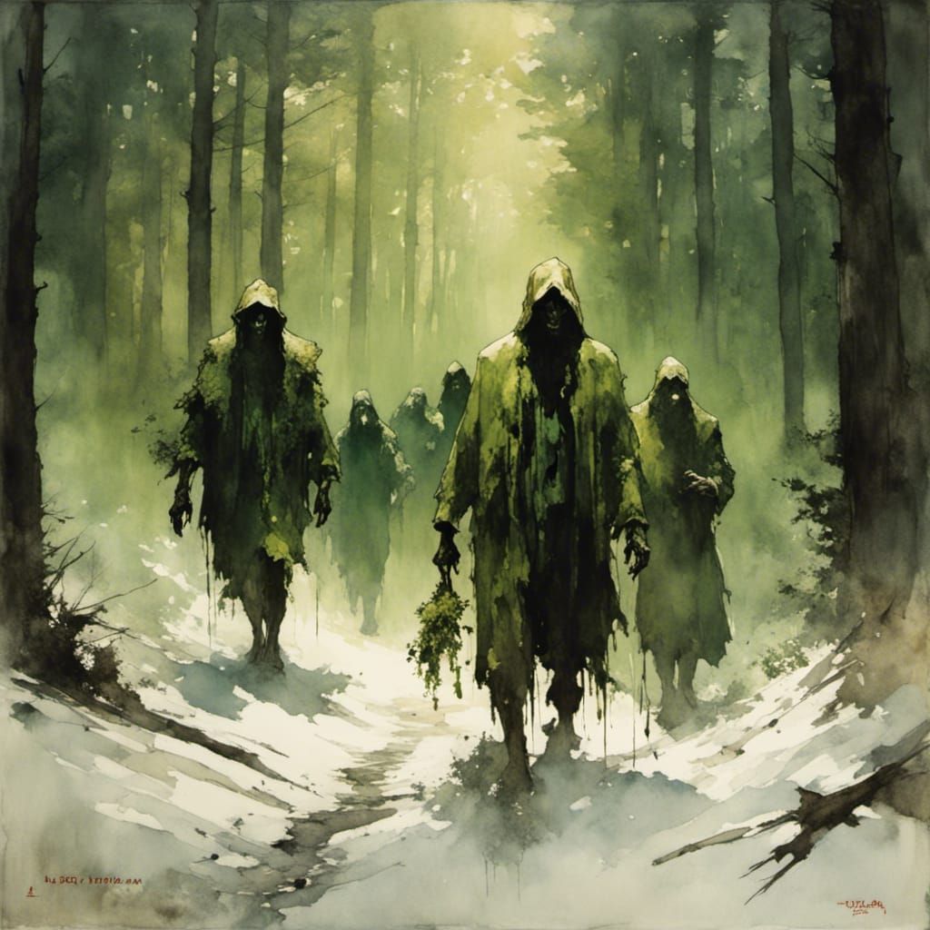 Sinister Green Zombies Stroll Down Forest Path