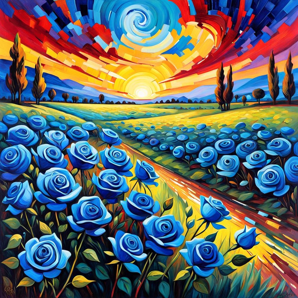 Neo-Impressionist Landscape with Blue Roses and Aurora Sky