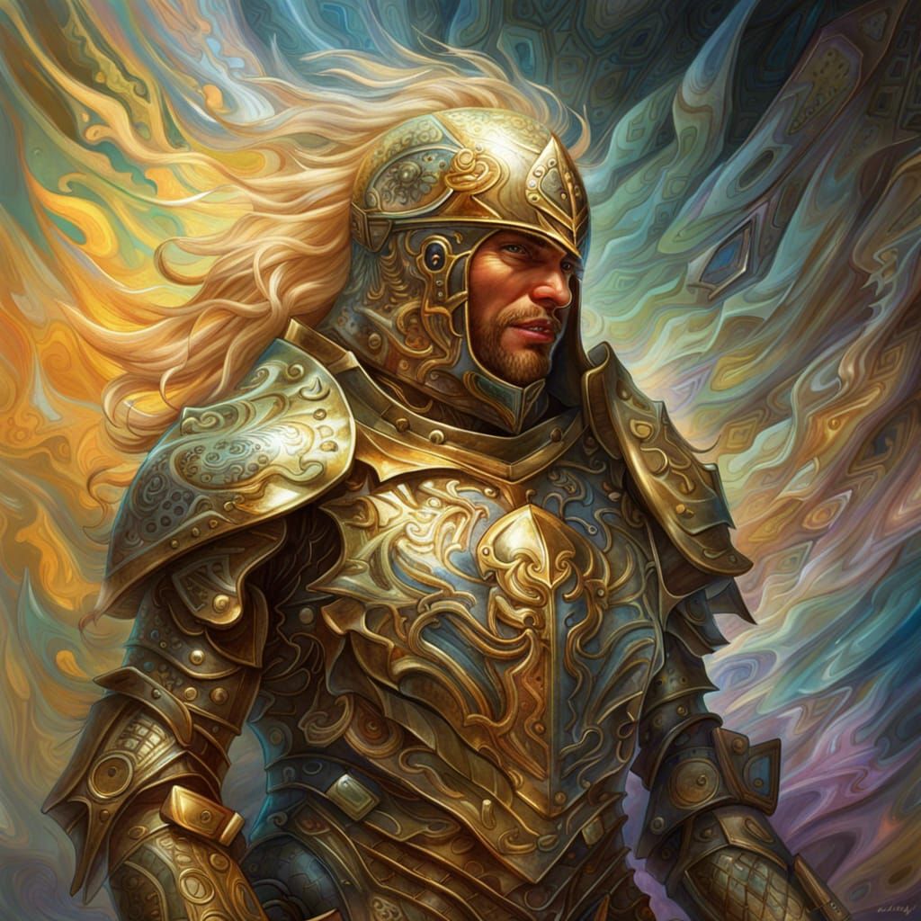 Laughing Paladin in Shiny Armor with Volumetric Light