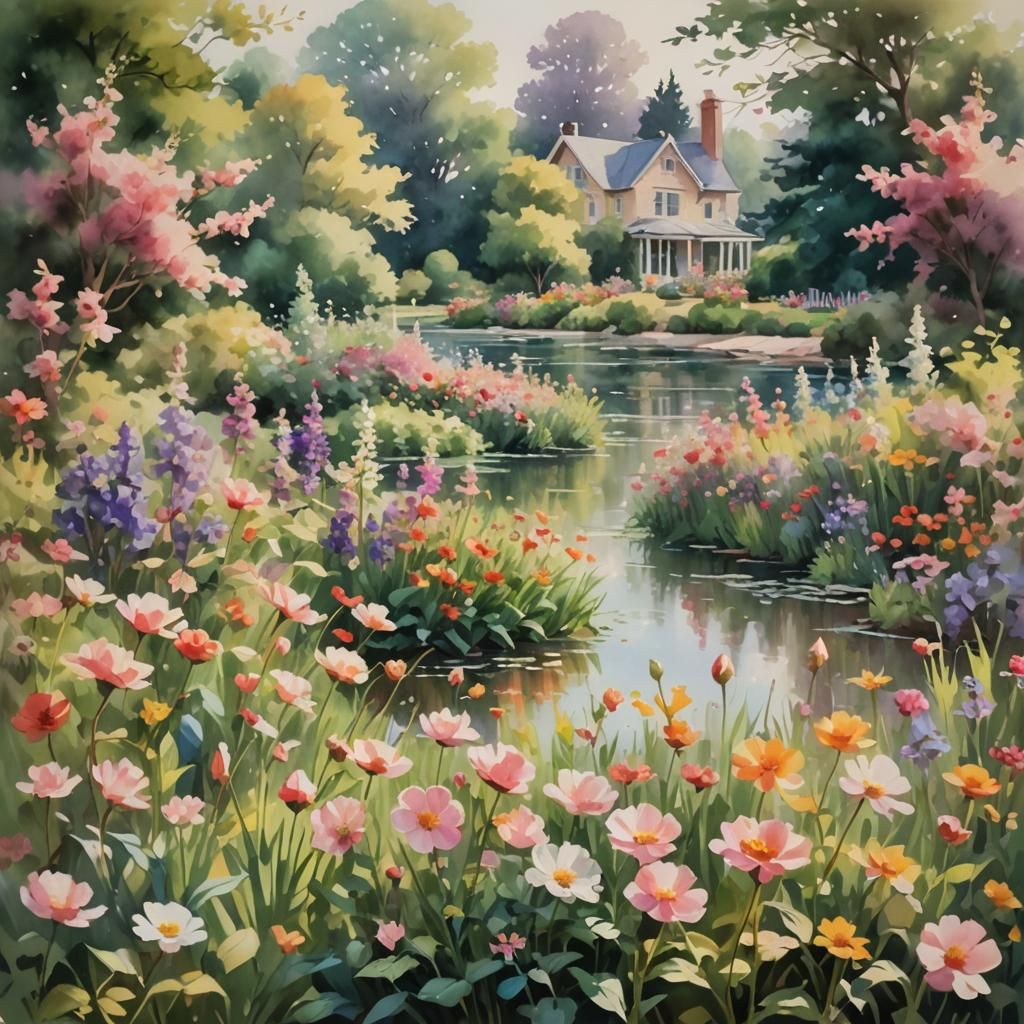 Impressionist Garden Scene with Blooming Flowers