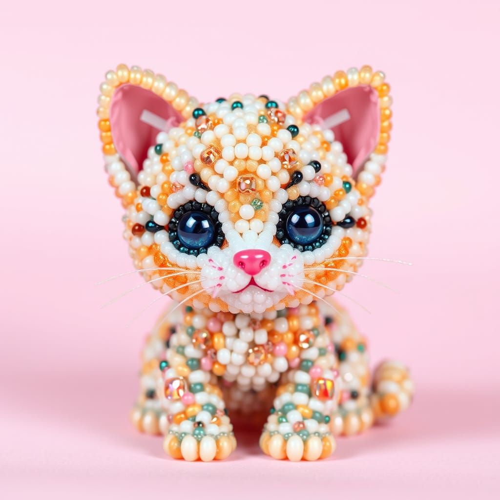 Beaded Kitten Sculpture with Shimmering Pastel Colors