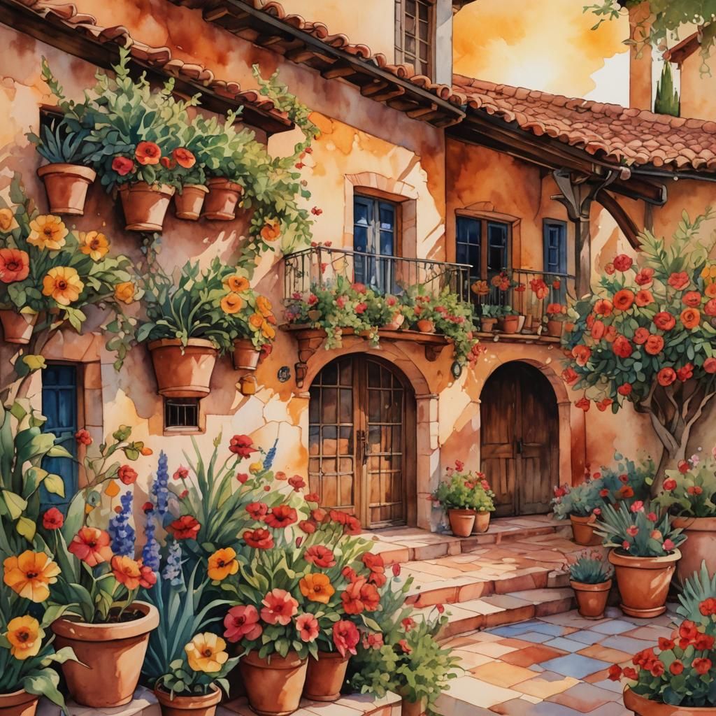 Mediterranean House with Flowers in Alcohol Ink Style