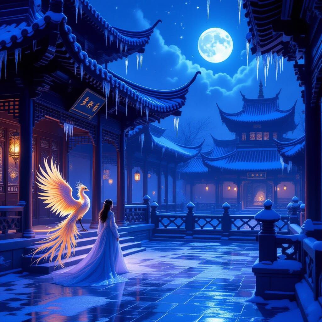 Ethereal Phoenix and Girl in Moonlit Temple Courtyard
