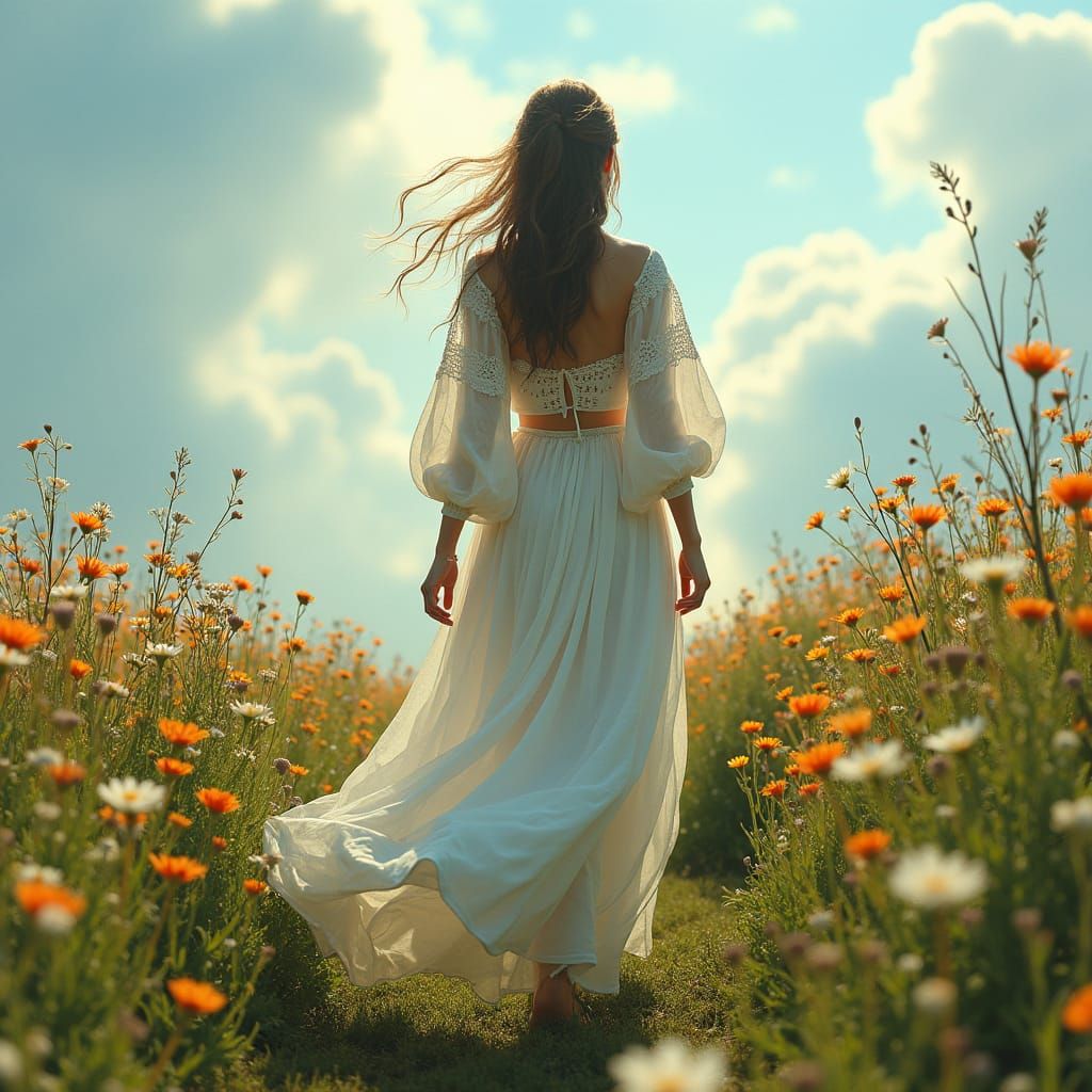 Ethereal Woman in a Vibrant Meadow, Digital Matte Painting