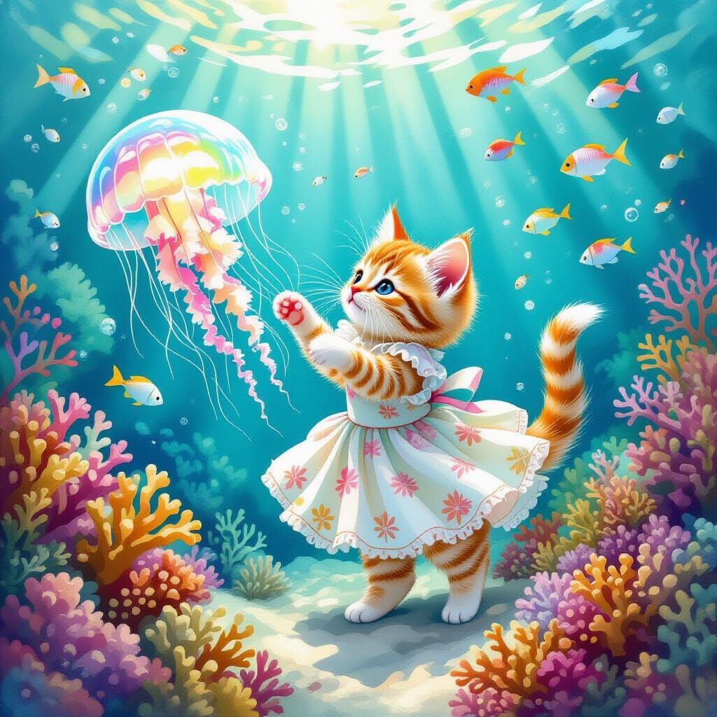 Kitten and Jellyfish in Coral Reef, Watercolor Style