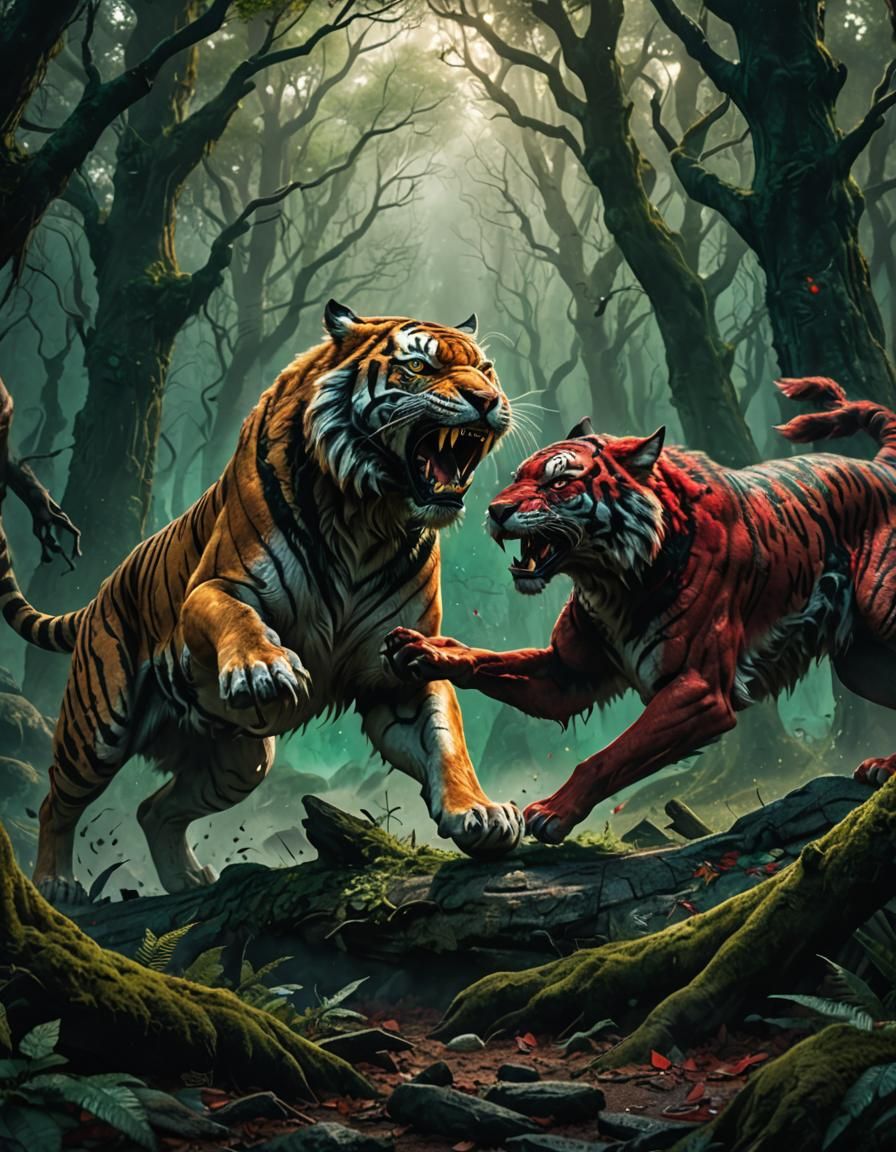 Tiger and Wolf Battle in Mystical Forest