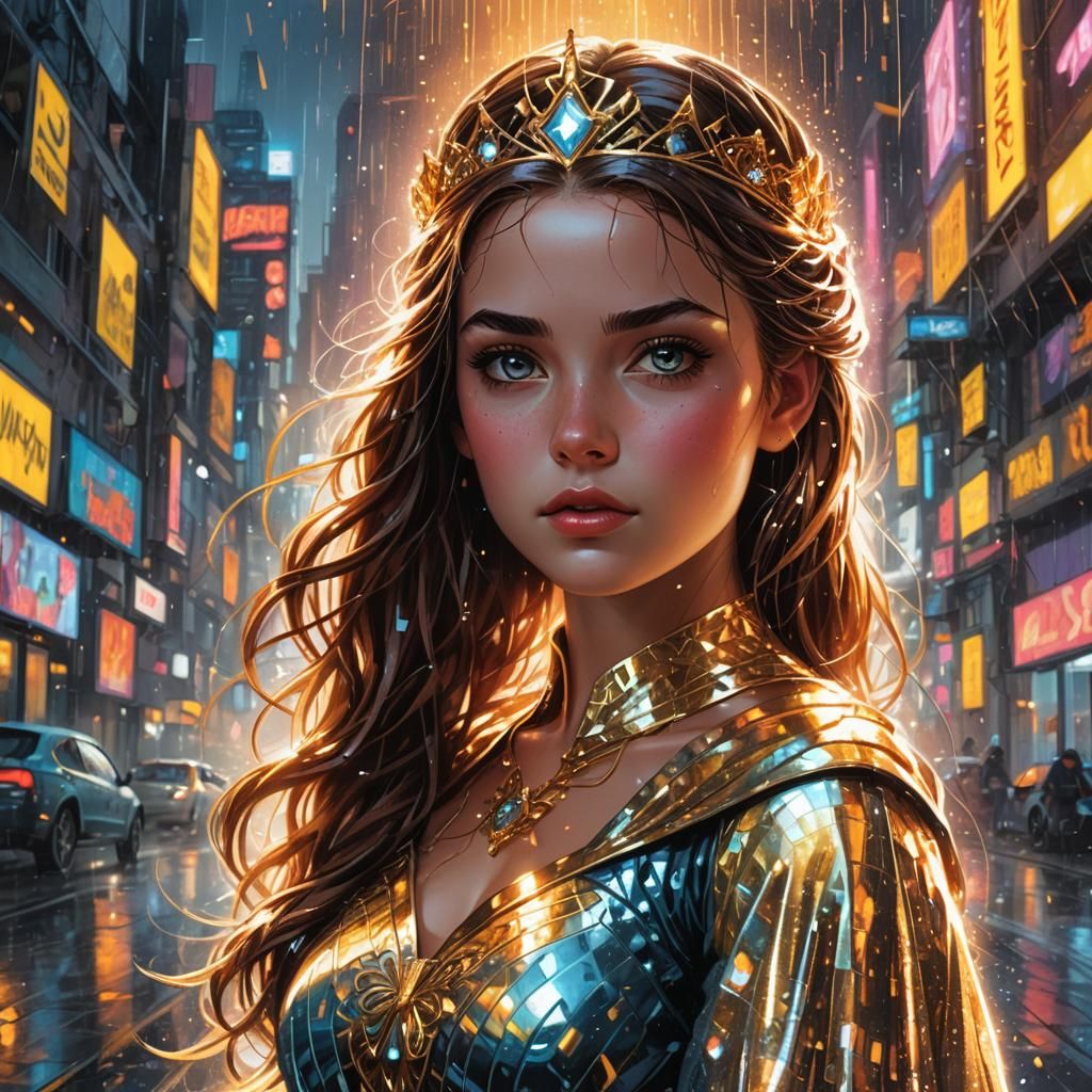Futuristic Princess with Neon Lights: Comic Book Art