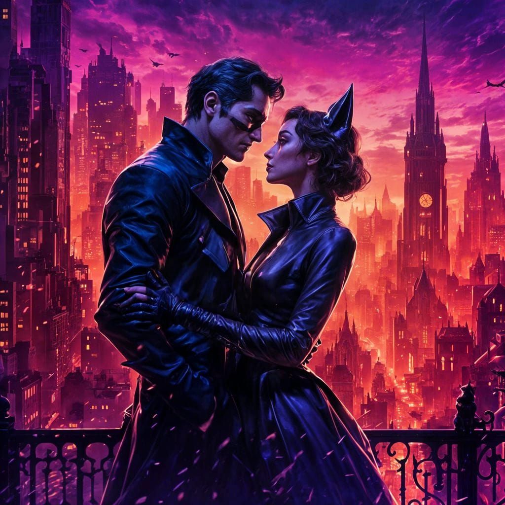 Batman and Catwoman Kiss in Dark Fantasy Style