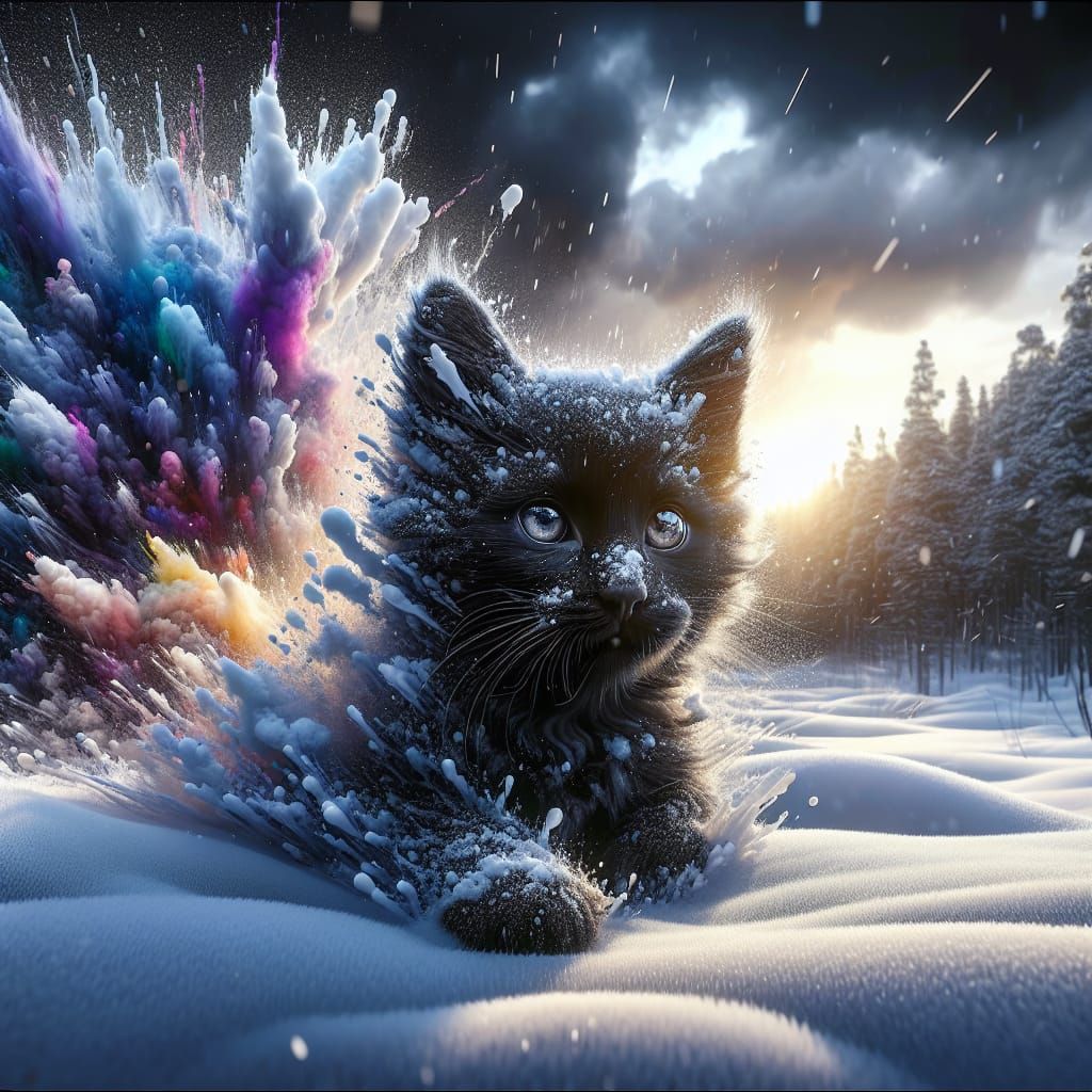 Black Kitten in Snowy Field: Photorealistic Panorama