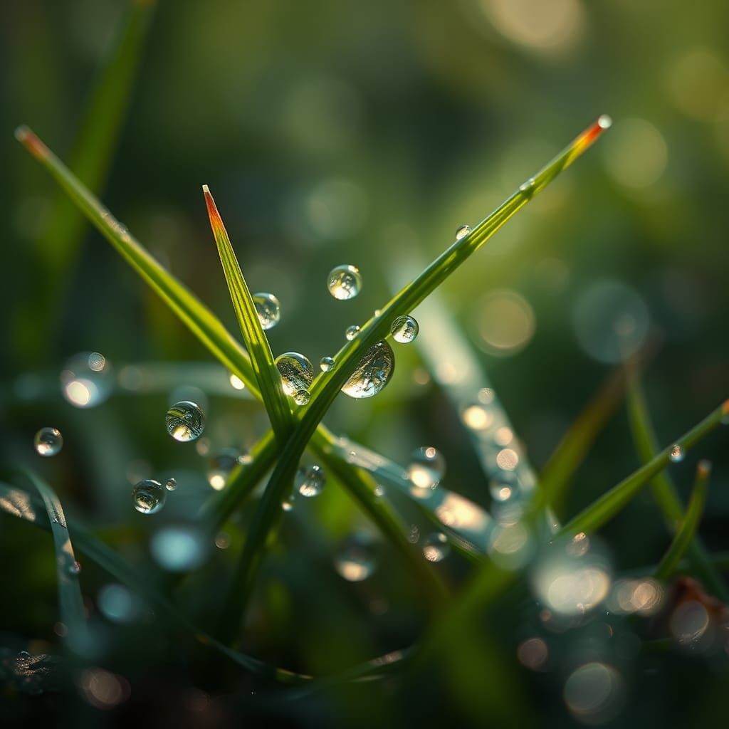 Dewdrop Refraction on Grass: Hyperrealistic Nature Photograp...
